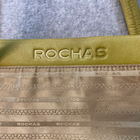 Rochas Paris Two Handle Purse Fabric & Leather 10" Tan / Green Phone Pouch - Picture 2 of 14